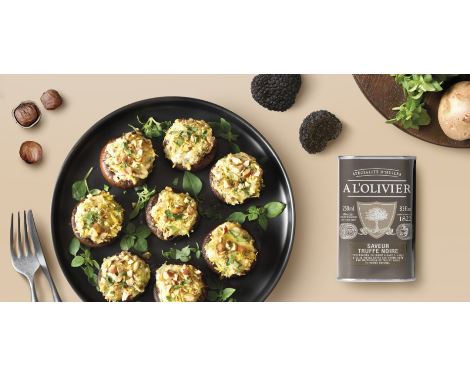 Champignons farcis & huile à la truffe Tuber Mélanosporum